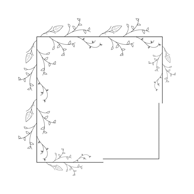 Abstract Black Simple Line Square With Leaf Leaves Frame Flowers Doodle Outline Element Vector