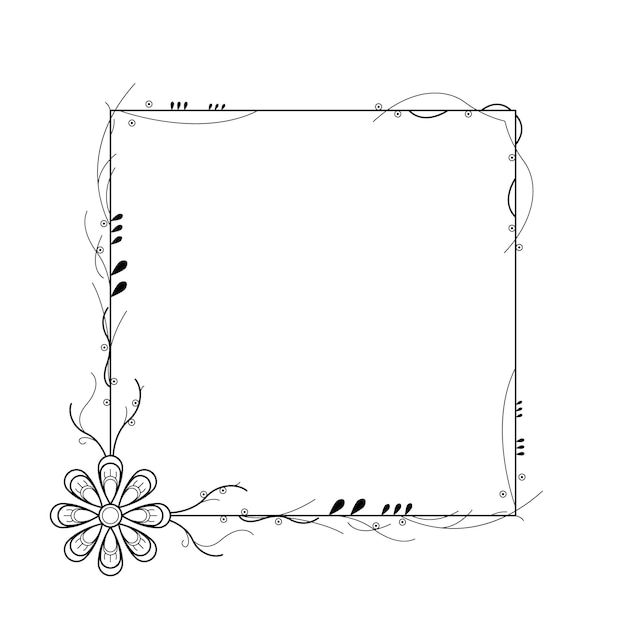 Abstract Black Simple Line Suqare With Leaf Leaves Frame Flowers Doodle Outline Element Vector