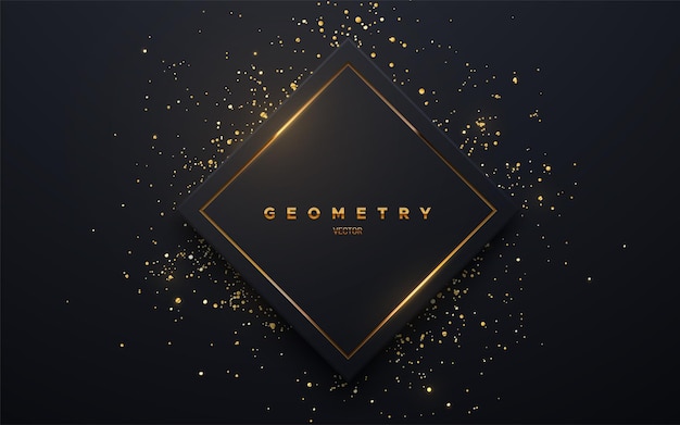 Abstract black square shape with golden glowing frame geometric backdrop with golden particles