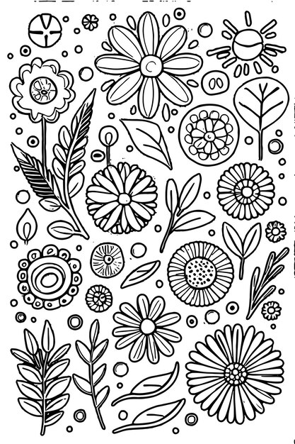 Abstract black and white monochromatic handdrawn flowers texture pattern doodle vector illustration