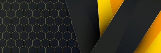 Abstract black yellow orange metallic carbon neutral overlap light hexagon mesh design modern luxury futuristic technology background Game tech wide banner vector illustration