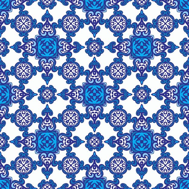 Abstract blauw en wit damast bloem tegel naadloos sierpatroon. Elegante mediterrane textuur voor stof en behang, keramische tegels, achtergronden en paginavulling.