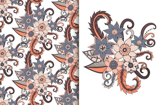 Abstract bloemboeket met naadloos patroon Bloemenachtergrond set