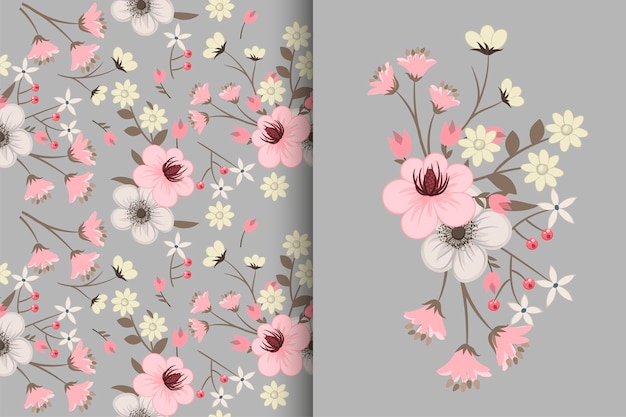 Abstract bloemboeket met naadloos patroon Bloemenachtergrond set