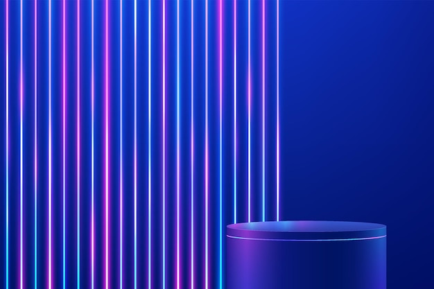 Abstract blue 3d cylinder pedestal or stand podium with vertical glowing neon lighting background