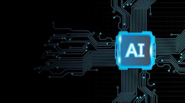 Абстрактный синий фон технологии AI с печатной платой и круговой иллюстрацией techVector