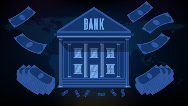 Абстрактный синий фон здания банка и куча наличных денег с картой мира