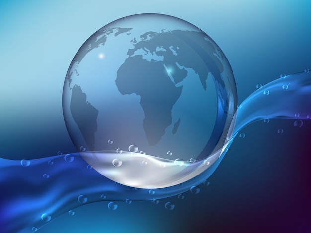 Abstract blue background, splash of crystal clear water with drops. Planet Earth made of glass in the ocean. Realistic style. Vector illustration.