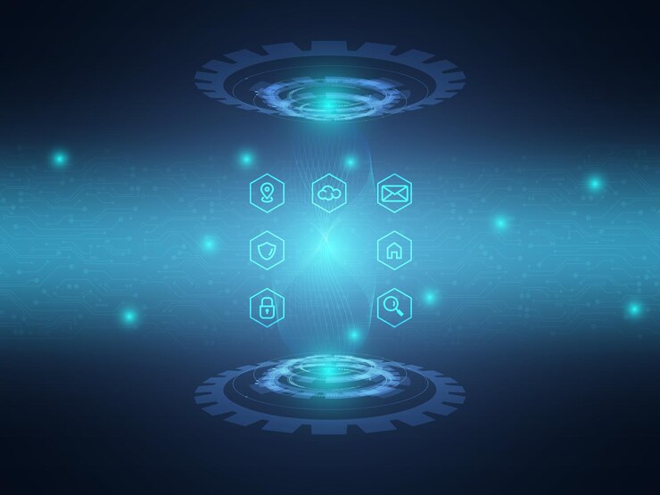 Vector abstract blue circuit technology background with data communication icon