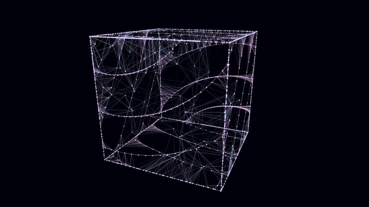 Vector 抽象的蓝色立方体与连接点和线的大数据可视化 区块链技术概念 带圈网络连接结构 矢量插图