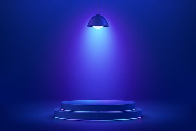 Abstract blue cylinder pedestal podium abstract 3d room with glowing hanging neon lamp lighting