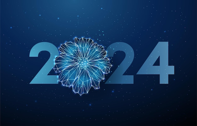Fiore blu astratto e numero anno 2024 cartolina di auguri disegno in stile low poly sfondo geometrico astratto struttura luminosa wireframe concetto grafico 3d moderno illustrazione vettoriale