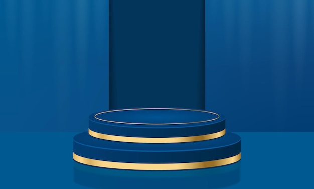 Abstract blue and gold geometric podiums 3D realistic dark blue cylinder podium Luxury concept background Vector illustration