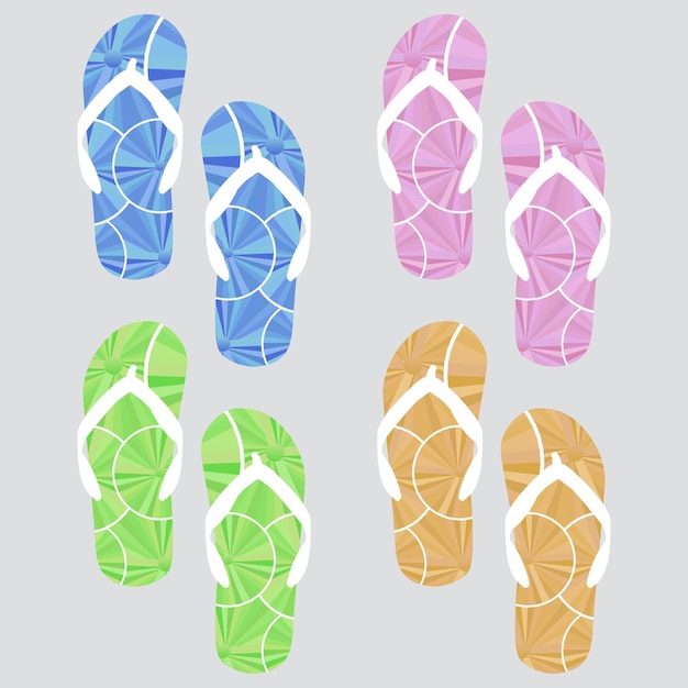 Вектор Абстрактные синие, зеленые, розовые, оранжевые сандалии с геометрическим рисунком, шлепанцы, набор тапочек дизайн.