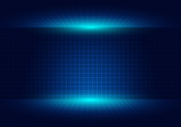 Abstract blue grid perspective design background with lighting.