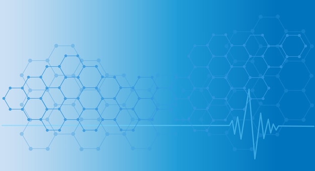 ハートビート、心電図と抽象的な青い六角形のグラデーションの背景。ハニカムパターン。現代医学の未来的なsfスタイル。スペースをコピーします。ベクトルイラスト