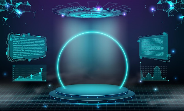 抽象的な青い光効果背景サークル抽象デジタル技術 UI 未来的な HUD 仮想インターフェイス ステージ霧の中で未来的な表彰台あなたの製品を表示するための空白の表彰台
