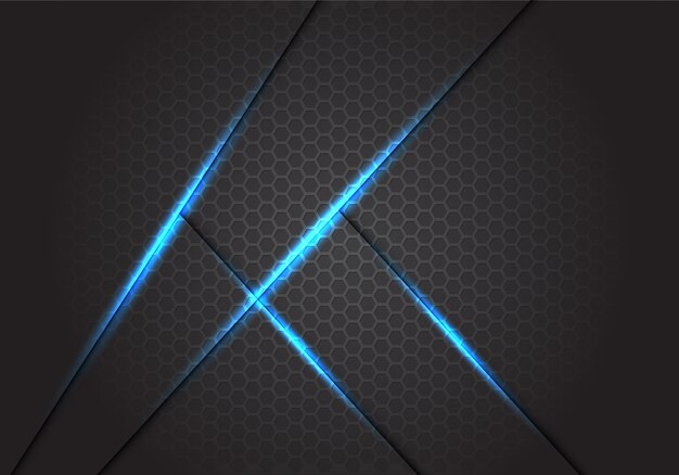 Vector abstract blue light shadow lines on dark grey hexagon mesh background.