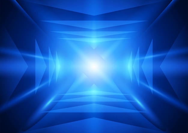 Abstract blue lights and arrow signs moving towards a single point of light perspective vector