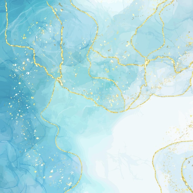 Abstract blue liquid watercolor background with golden crackers.