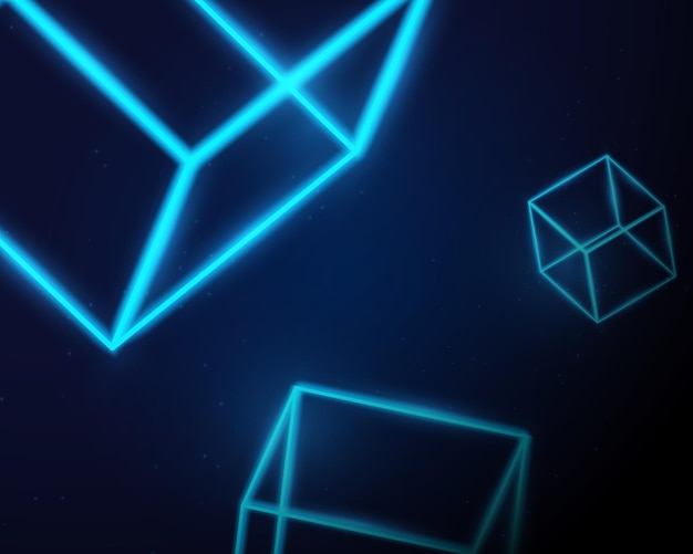 Abstract blue neon light 3d box shape on dark background. Vector illustration