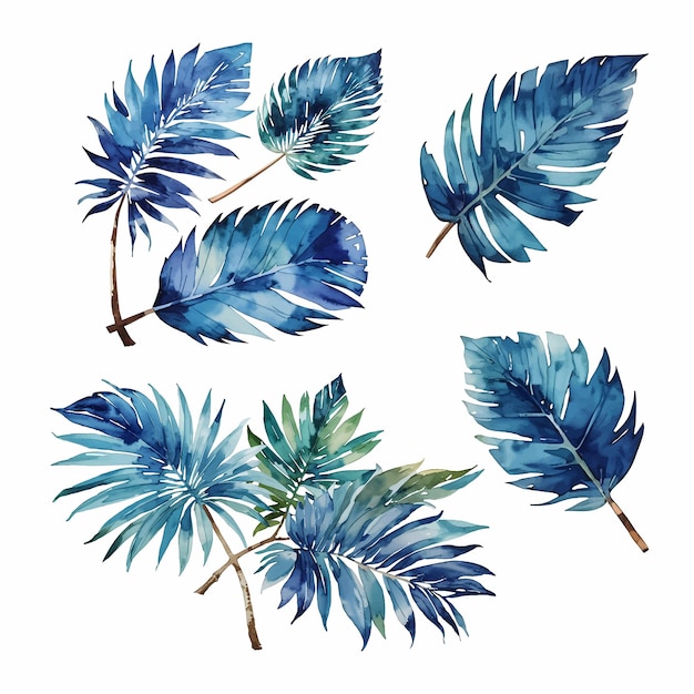 Abstract blue palm leaf watercolor 02