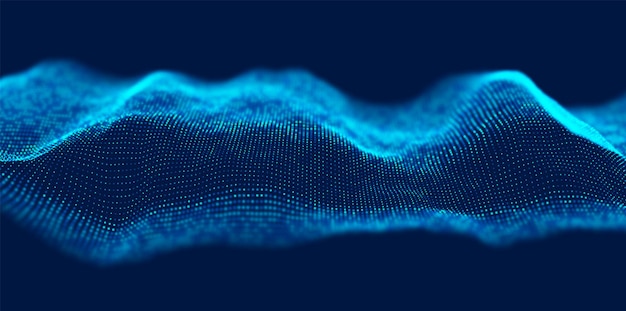 抽象的な青い粒子の背景ドット風景技術ベクトル図とフロー波
