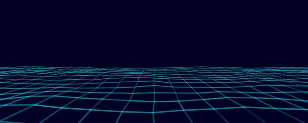 Abstract blue perspective grid Digital background in retro style Cyber landscape on black background Vector illustration