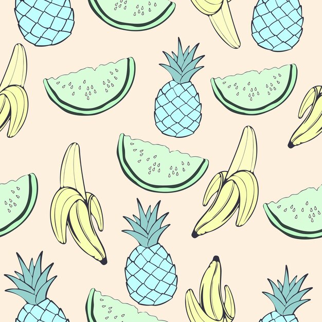 Abstract blue pineapple green watermelon and banana fruit seamless pattern