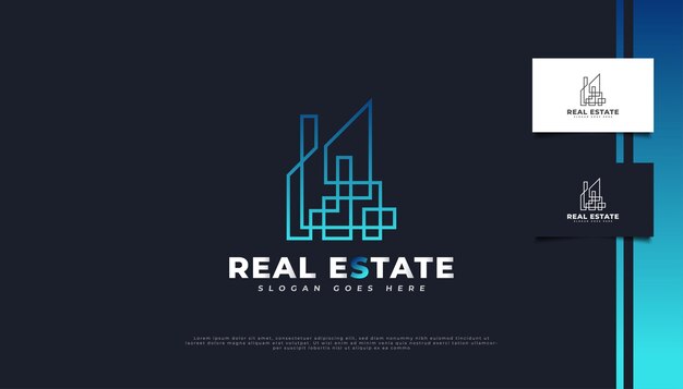 Abstract blue real estate logo design con stile di linea.