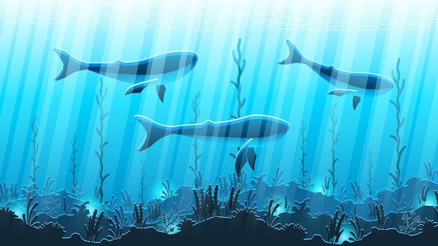 抽象的な青い水中海海自然背景ベクトル魚と影海藻