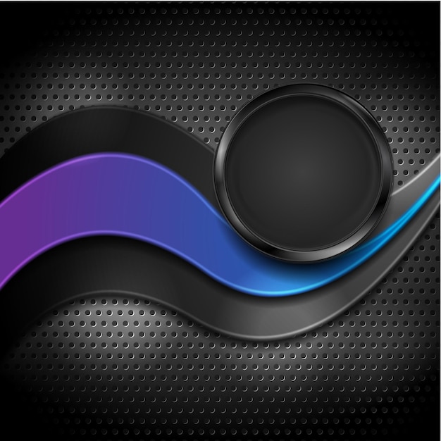 Abstract blue violet wave and black glossy circle on dark perforated metallic texture Vector background