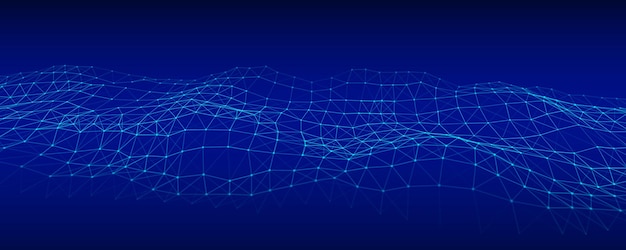 Vector abstract blue wave with moving dots and lines flow of particles cyber technology illustration