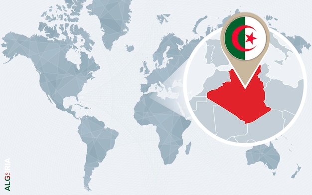 Абстрактная голубая карта мира с увеличенным флагом Алжира и векторной иллюстрацией карты