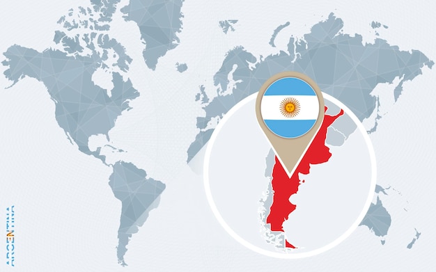 拡大されたアルゼンチンアルゼンチンの旗と地図のベクトル図と抽象的な青い世界地図