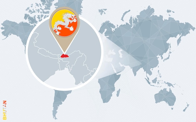 Vettore mappa astratta del mondo blu con bandiera e mappa del bhutan ingrandite illustrazione vettoriale