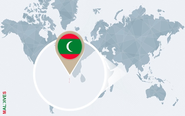 Mappa astratta del mondo blu con bandiera e mappa delle maldive ingrandite illustrazione vettoriale