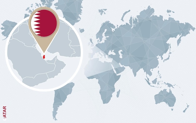 Абстрактная голубая карта мира с увеличенным флагом катара катара и векторной иллюстрацией карты