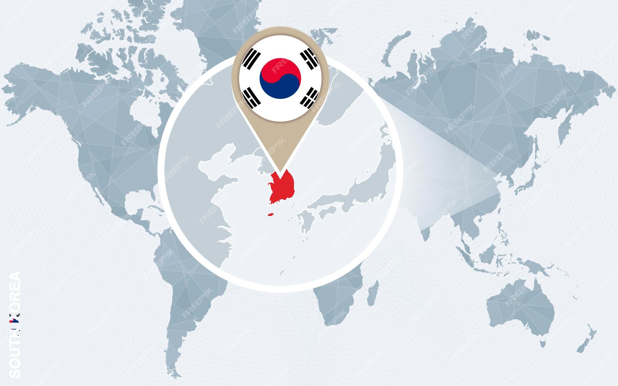확대 된 한국 한국 국기와 지도 벡터 일러스트와 함께 추상 파란색 세계 지도 | 프리미엄 벡터