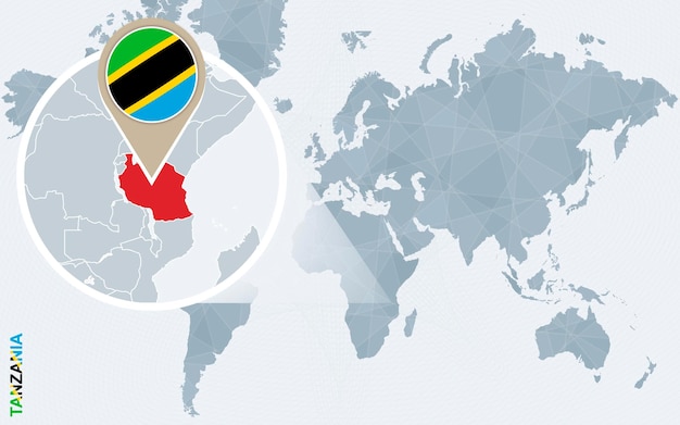 拡大されたタンザニアの抽象的な青い世界地図タンザニアの旗と地図ベクトル図
