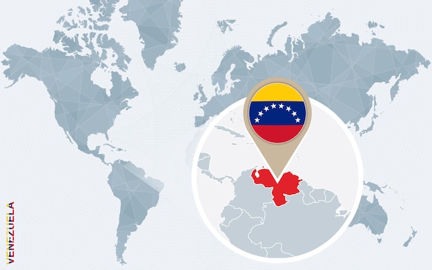 Абстрактная голубая карта мира с увеличенным флагом Венесуэлы Венесуэлы и векторной иллюстрацией карты