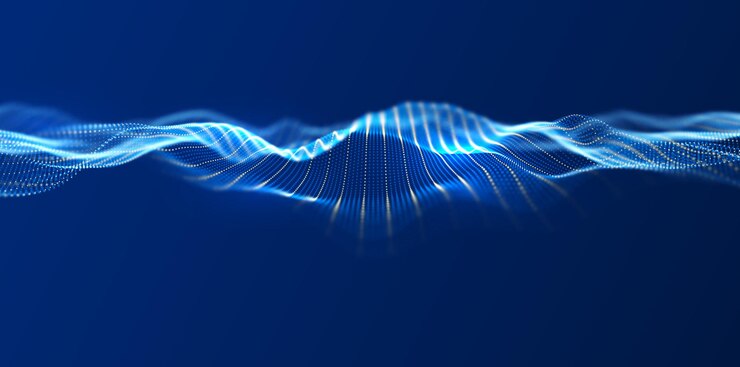Vector abstract blue and yellow particle background flow wave with dot landscape technology illustration