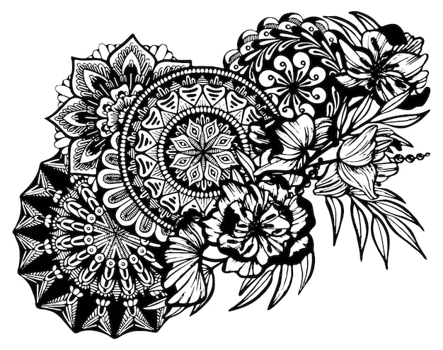 Abstract boeket bloemen met mandala's Vintage floral anti-stressprogramma sieraad etnische motief Hand getekende vector pen zen kunst illustratie grafische inkt zwart-wit schets