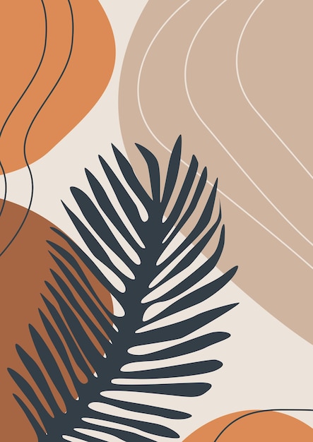 종려나무 잎과 유기적인 모양을 가진 추상 보헤미안 포스터. 모던한 미니멀리스트 프린트