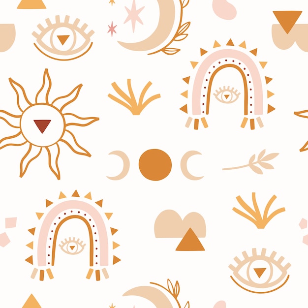 Abstract boho seamless pattern with luna, rainbow.