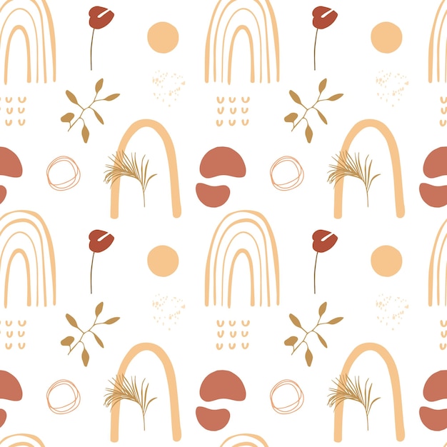 Vector abstract boho seamless pattern with tropical leaves lines ovals rainbow and dots vector illustration of beige green and brown colors for textiles