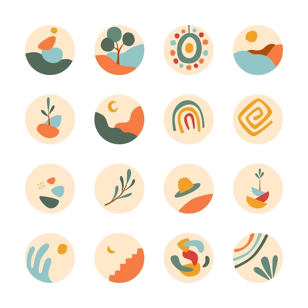 Abstract Boho shape nature style highlight stories social media icon set middle age style