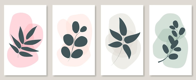 Abstract botanical wall art set Vector illustration in scandinavian design