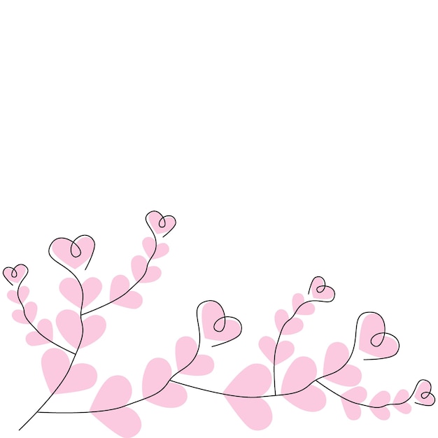 Abstract branches of hearts in one line in trendy pale pink tint template for lettering valentine