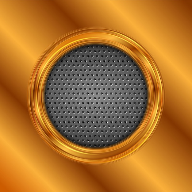 Vector abstract bright bronze circle on dark perforated metallic texture vector background